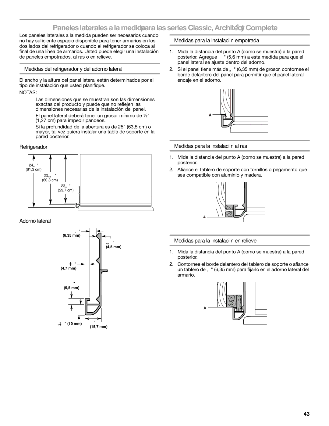 KitchenAid KSSC36FTS Medidas para la instalación empotrada, Medidas del refrigerador y del adorno lateral, Refrigerador 