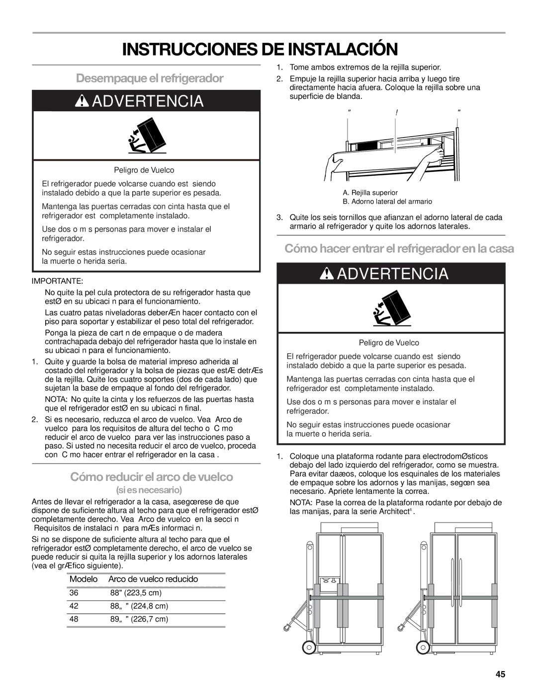 KitchenAid KSSC48FTS, KSSC36FTS Instrucciones DE Instalación, Desempaque el refrigerador, Cómo reducir el arco de vuelco 