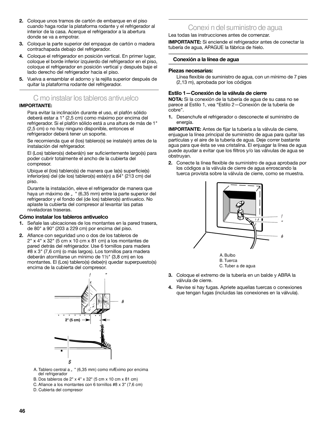 KitchenAid KSSC36FTS, KSSC48FTS, KSSC42FTS manual Cómo instalar los tableros antivuelco, Conexión del suministro de agua 