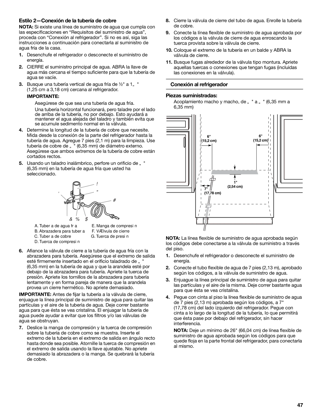 KitchenAid KSSC42FTS, KSSC48FTS Estilo 2-Conexión de la tubería de cobre, Conexión al refrigerador, Piezas suministradas 