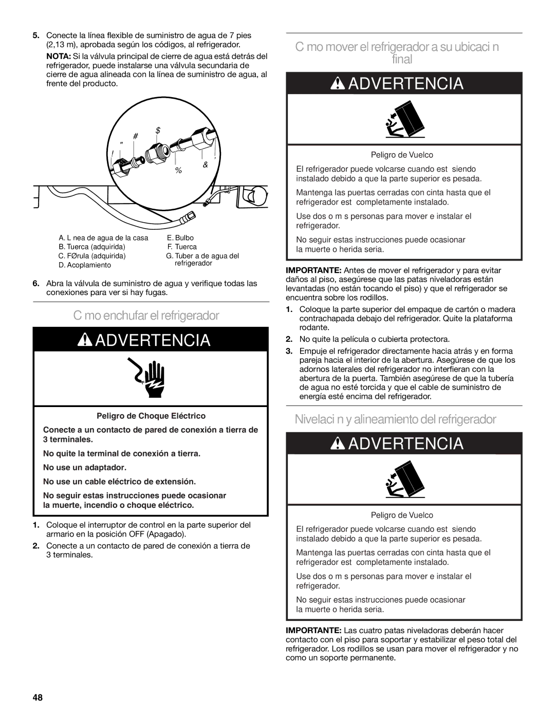 KitchenAid KSSC48FTS, KSSC36FTS, KSSC42FTS Cómo enchufar el refrigerador, Cómo mover el refrigerador a su ubicación Final 