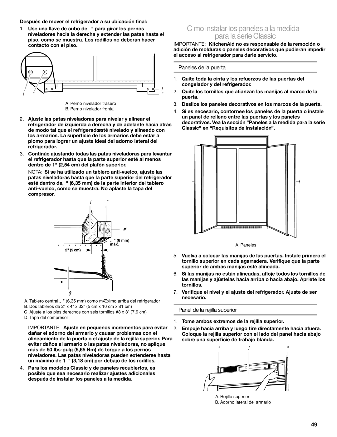 KitchenAid KSSC36FTS, KSSC48FTS manual Cómo instalar los paneles a la medida Para la serie Classic, Paneles de la puerta 