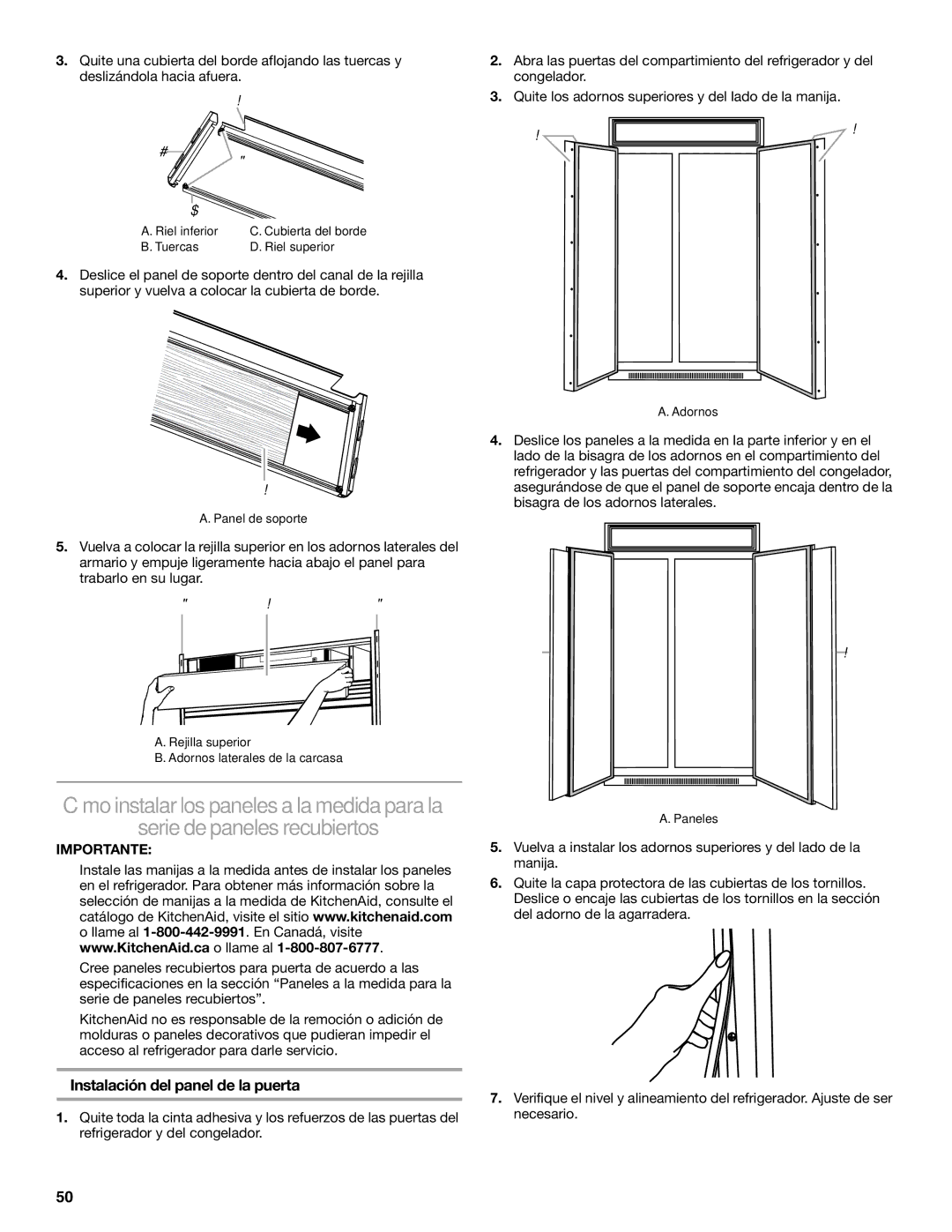 KitchenAid KSSC42FTS, KSSC48FTS, KSSC36FTS manual Serie de paneles recubiertos, Instalación del panel de la puerta 