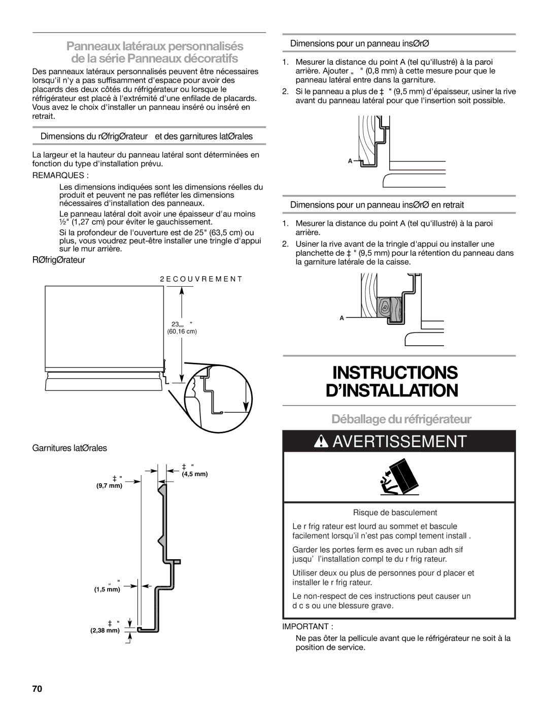 KitchenAid KSSC36FTS, KSSC48FTS, KSSC42FTS manual Instructions ’INSTALLATION, Déballage du réfrigérateur, Réfrigérateur 