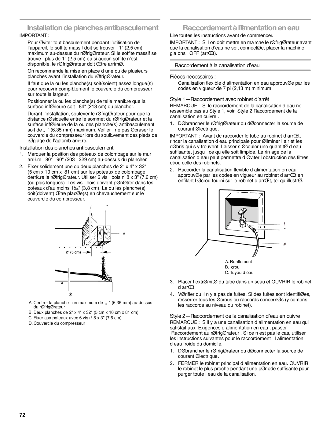 KitchenAid KSSC48FTS, KSSC36FTS, KSSC42FTS Installation de planches antibasculement, Raccordement à l’alimentation en eau 