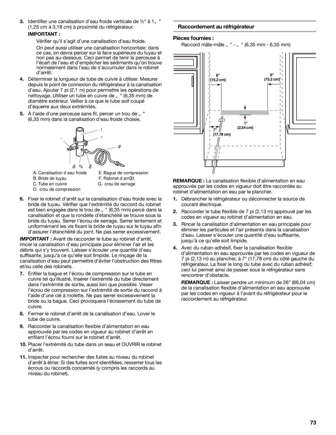 KitchenAid KSSC36FTS manual Raccordement au réfrigérateur, Pièces fournies, 25 cm à 3,18 cm à proximité du réfrigérateur 