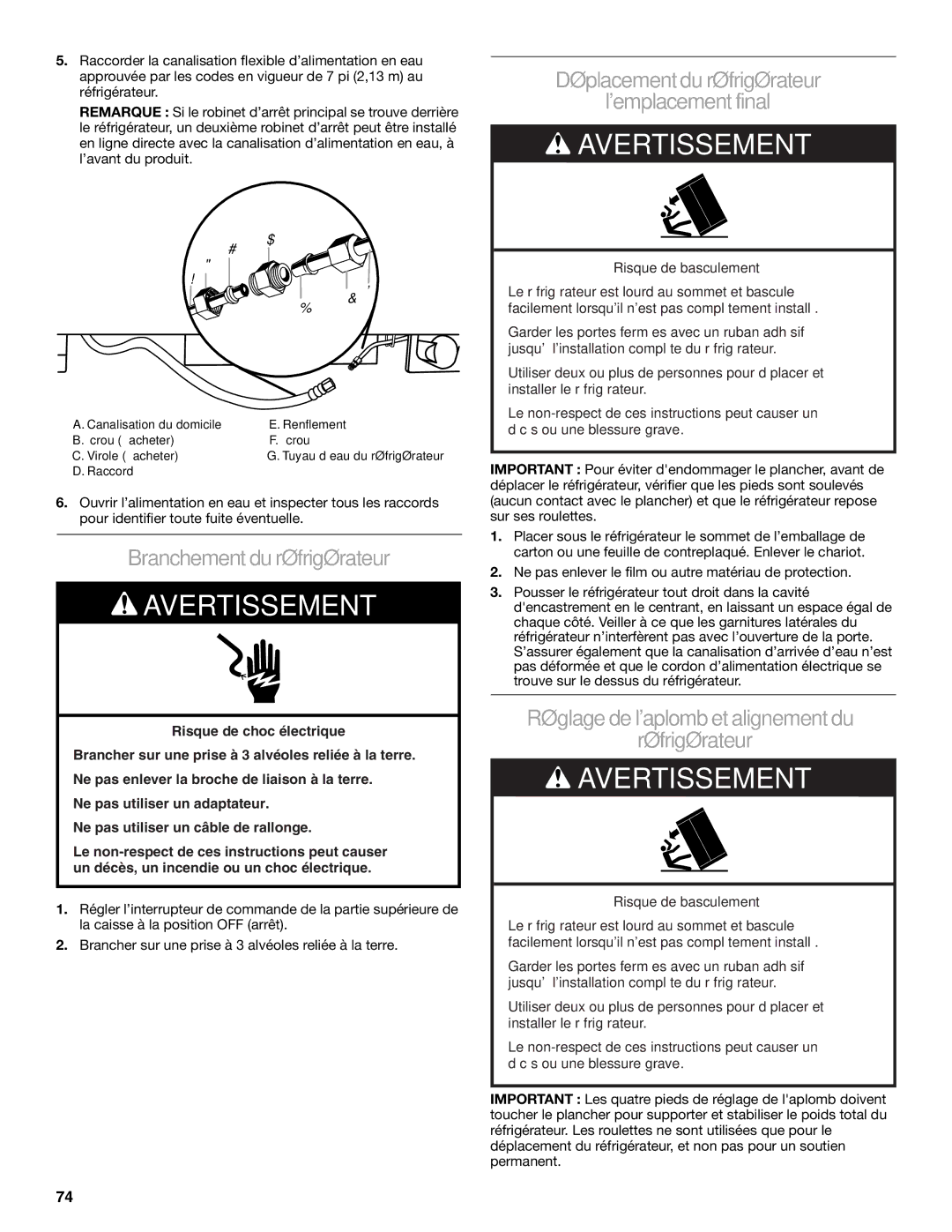 KitchenAid KSSC42FTS, KSSC48FTS, KSSC36FTS Branchement du réfrigérateur, Déplacementdu réfrigérateur à Lemplacement final 