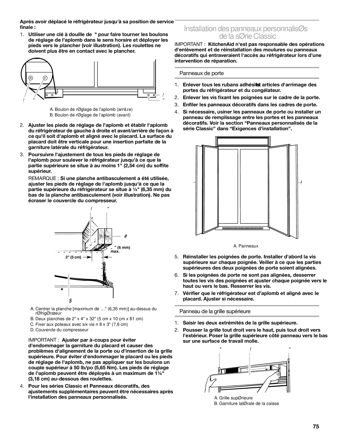 KitchenAid KSSC48FTS, KSSC36FTS, KSSC42FTS Installation des panneaux personnalisés De la série Classic, Panneaux de porte 