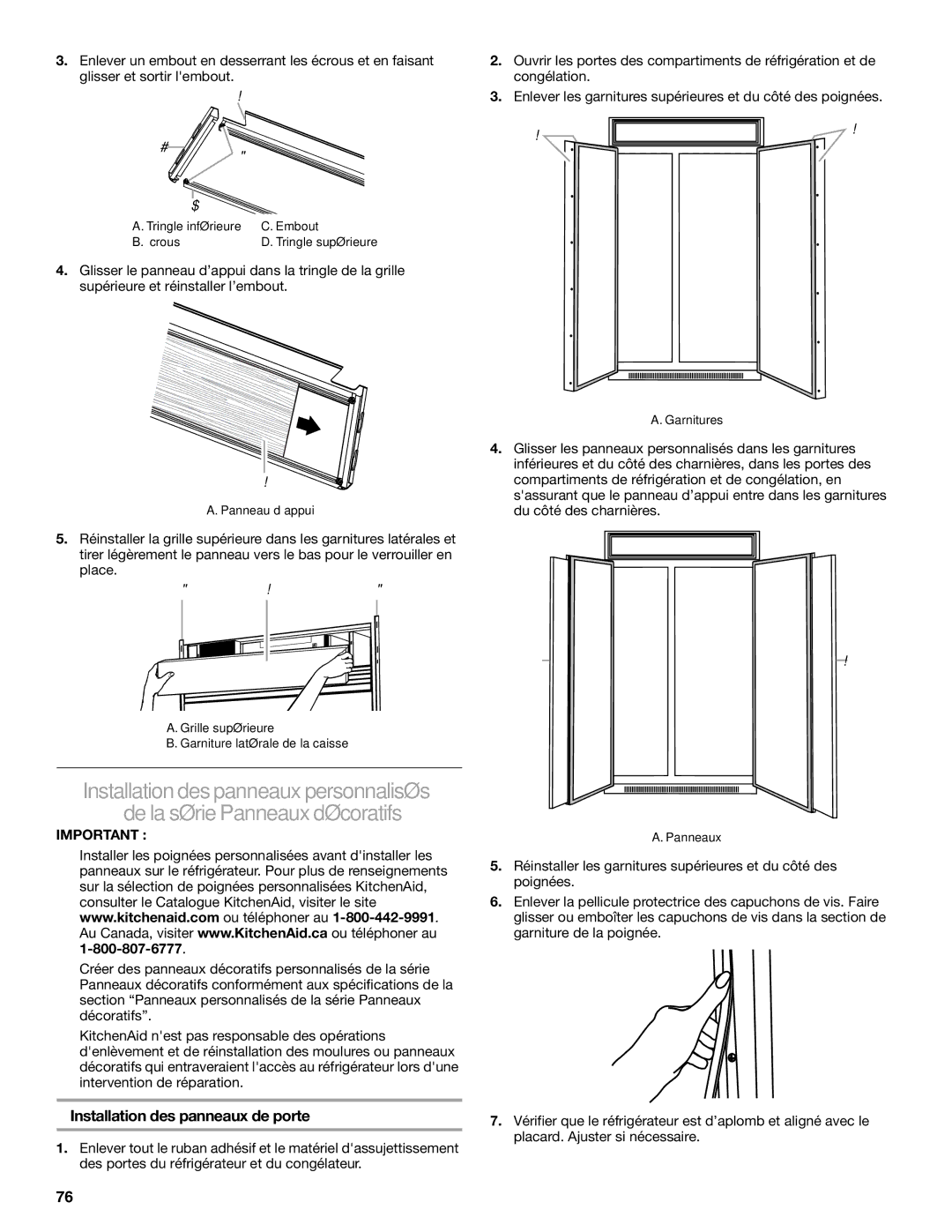 KitchenAid KSSC36FTS, KSSC48FTS, KSSC42FTS manual Installation des panneaux de porte 