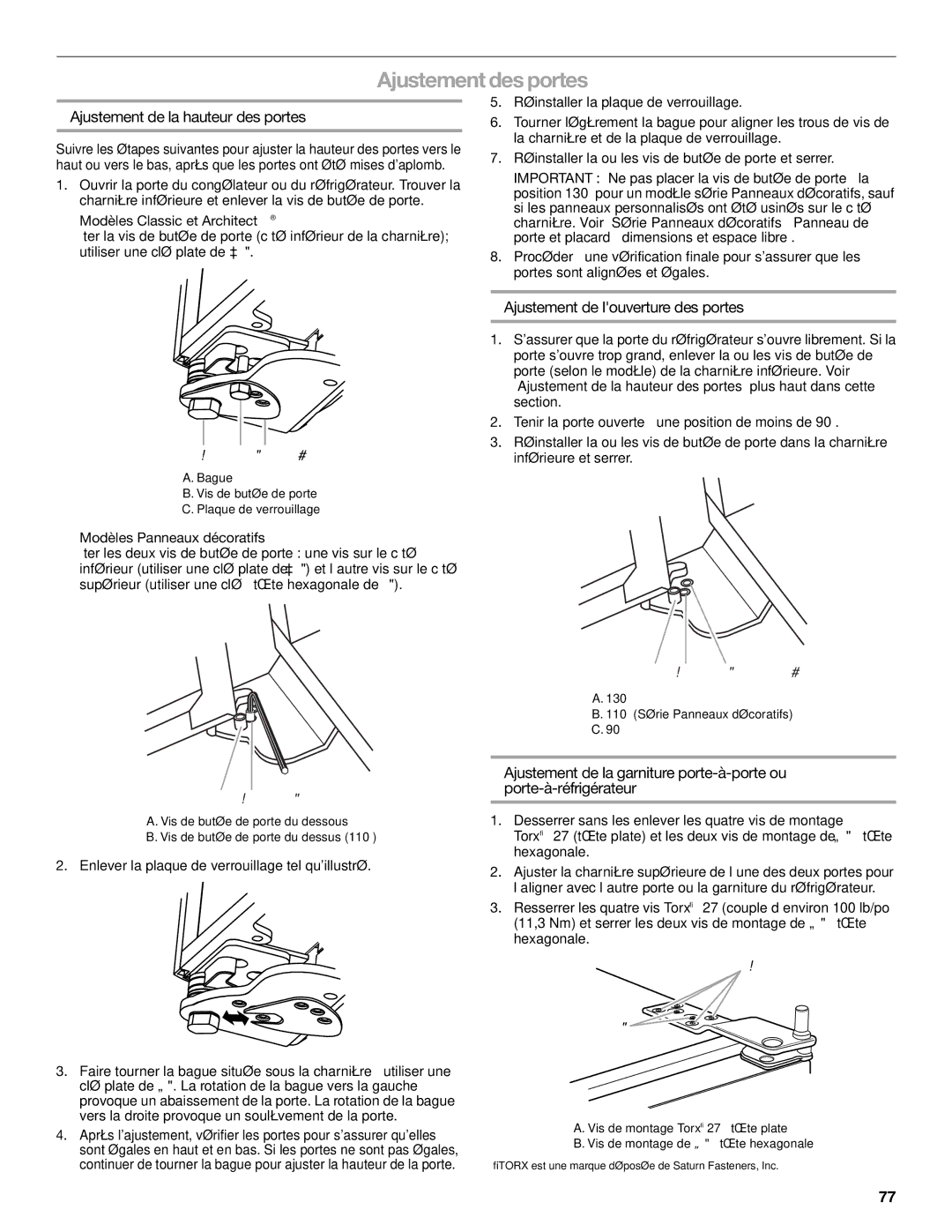 KitchenAid KSSC42FTS manual Ajustement desportes, Ajustement de la hauteur des portes, Ajustement de louverture des portes 