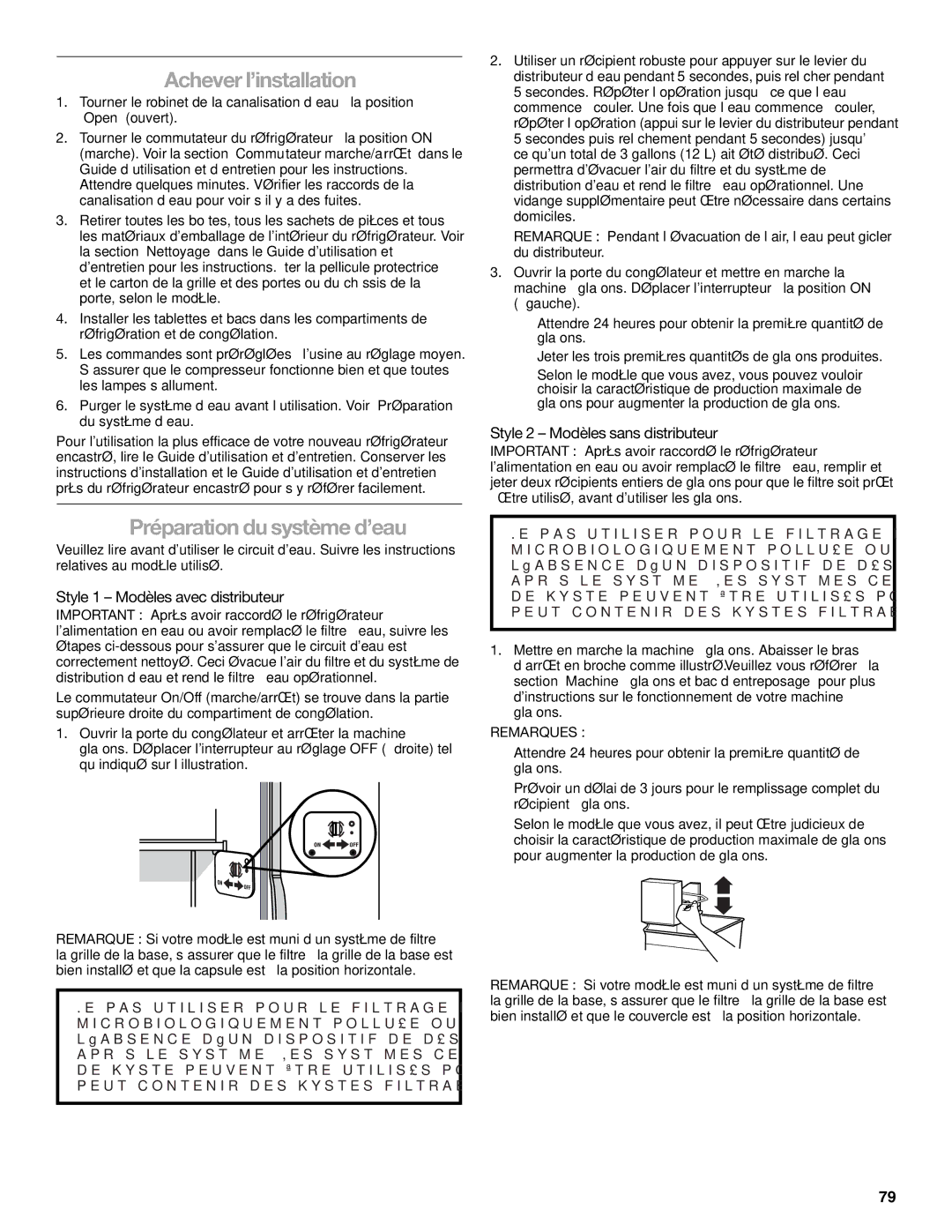 KitchenAid KSSC36FTS, KSSC48FTS Achever l’installation, Préparation du système d’eau, Style 1 Modèles avec distributeur 