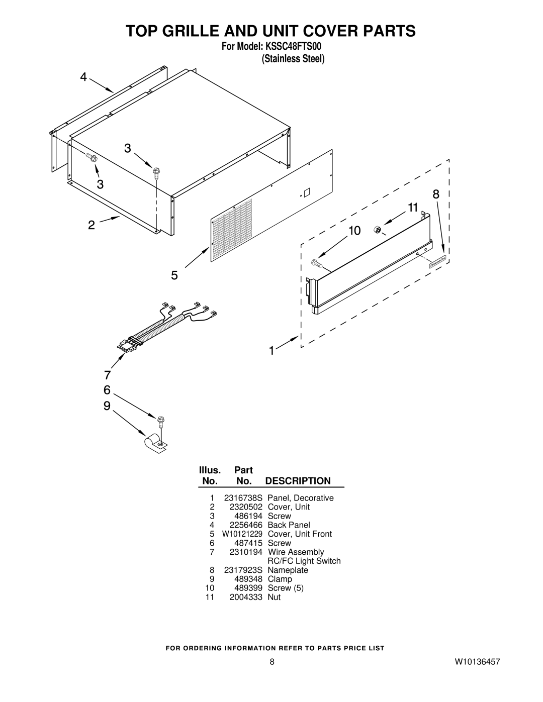 KitchenAid KSSC48FTS00 manual TOP Grille and Unit Cover Parts 