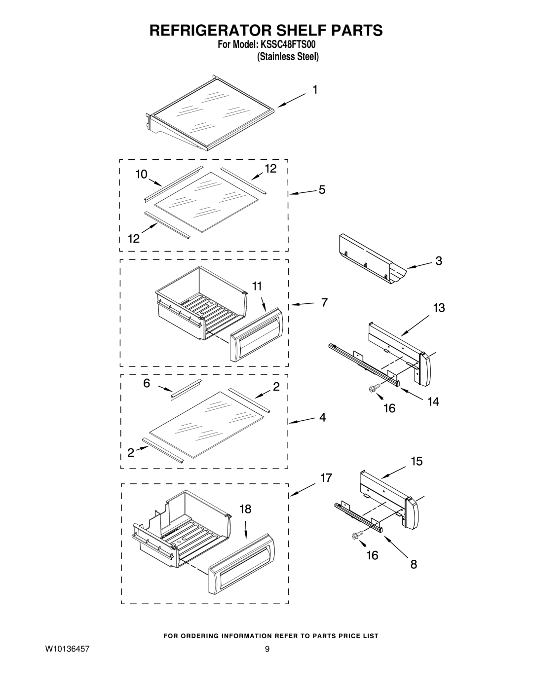 KitchenAid KSSC48FTS00 manual Refrigerator Shelf Parts 