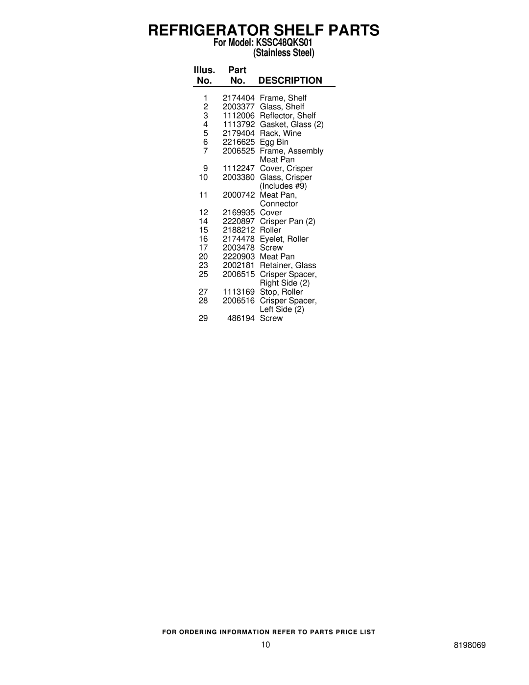 KitchenAid KSSC48QKS01 manual Illus. Part No. No. Description 