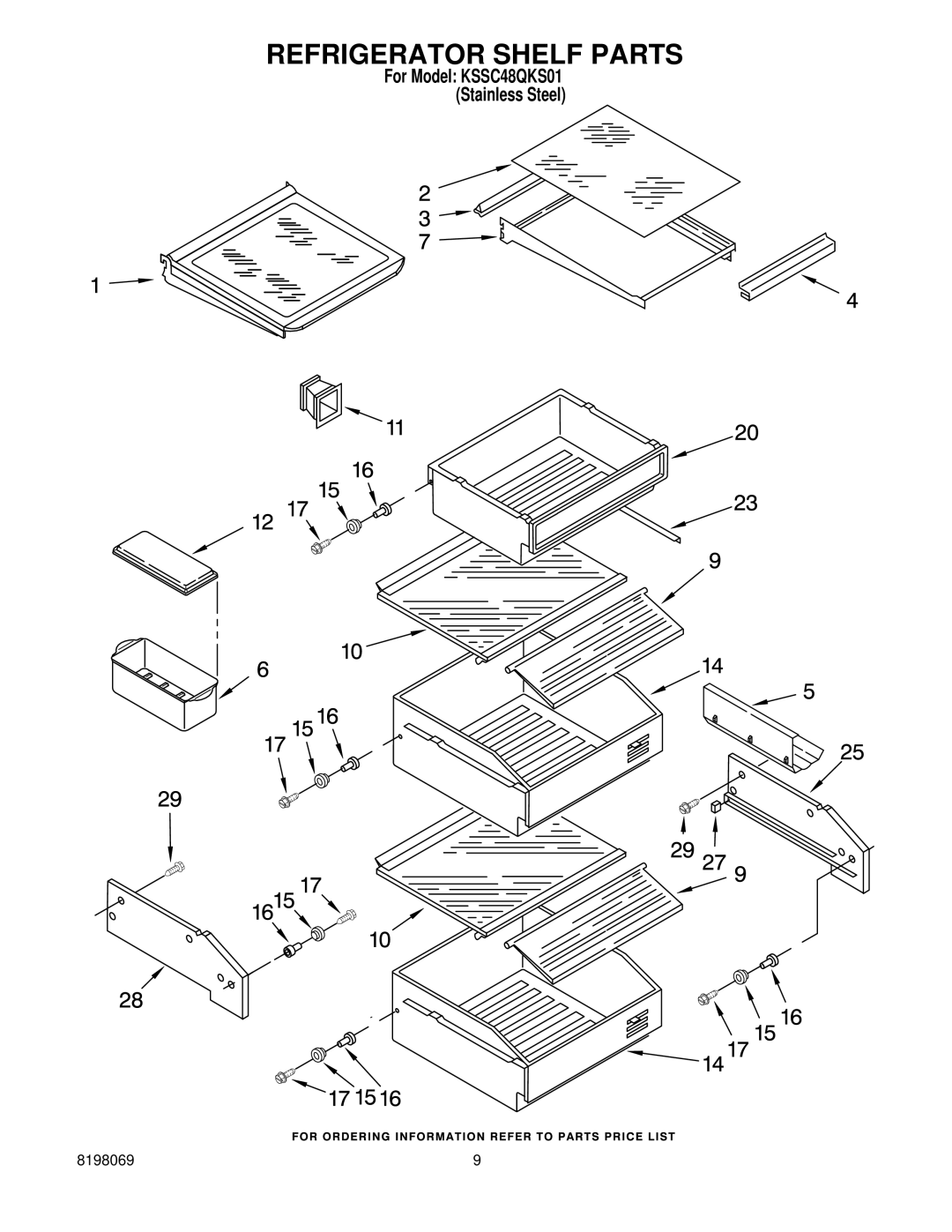 KitchenAid KSSC48QKS01 manual Refrigerator Shelf Parts 