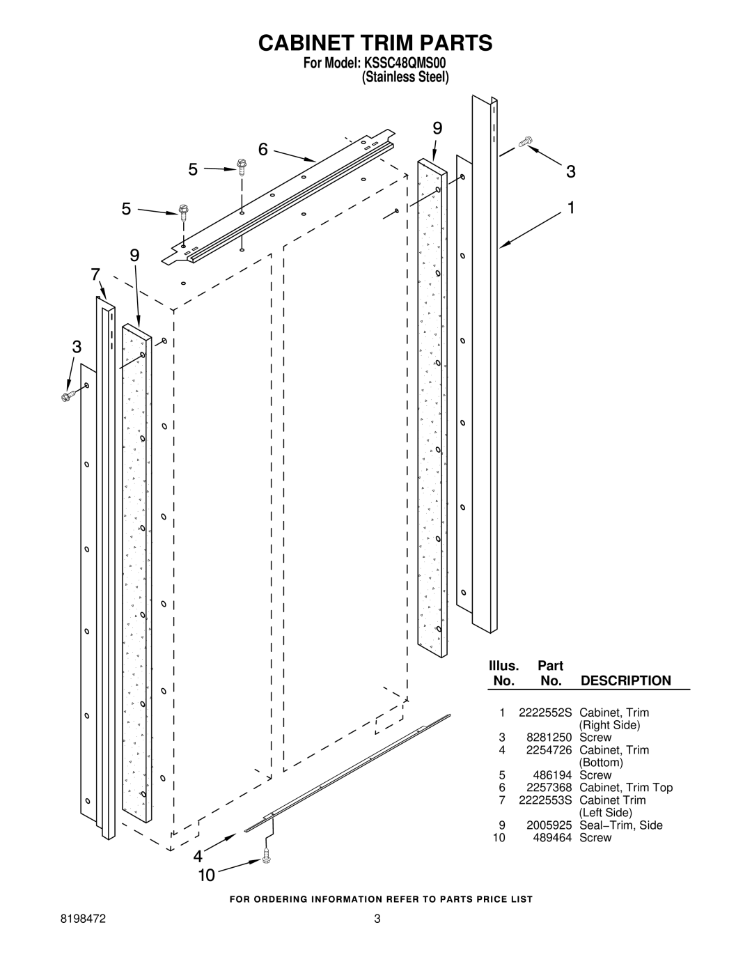 KitchenAid manual Cabinet Trim Parts, For Model KSSC48QMS00 Stainless Steel 