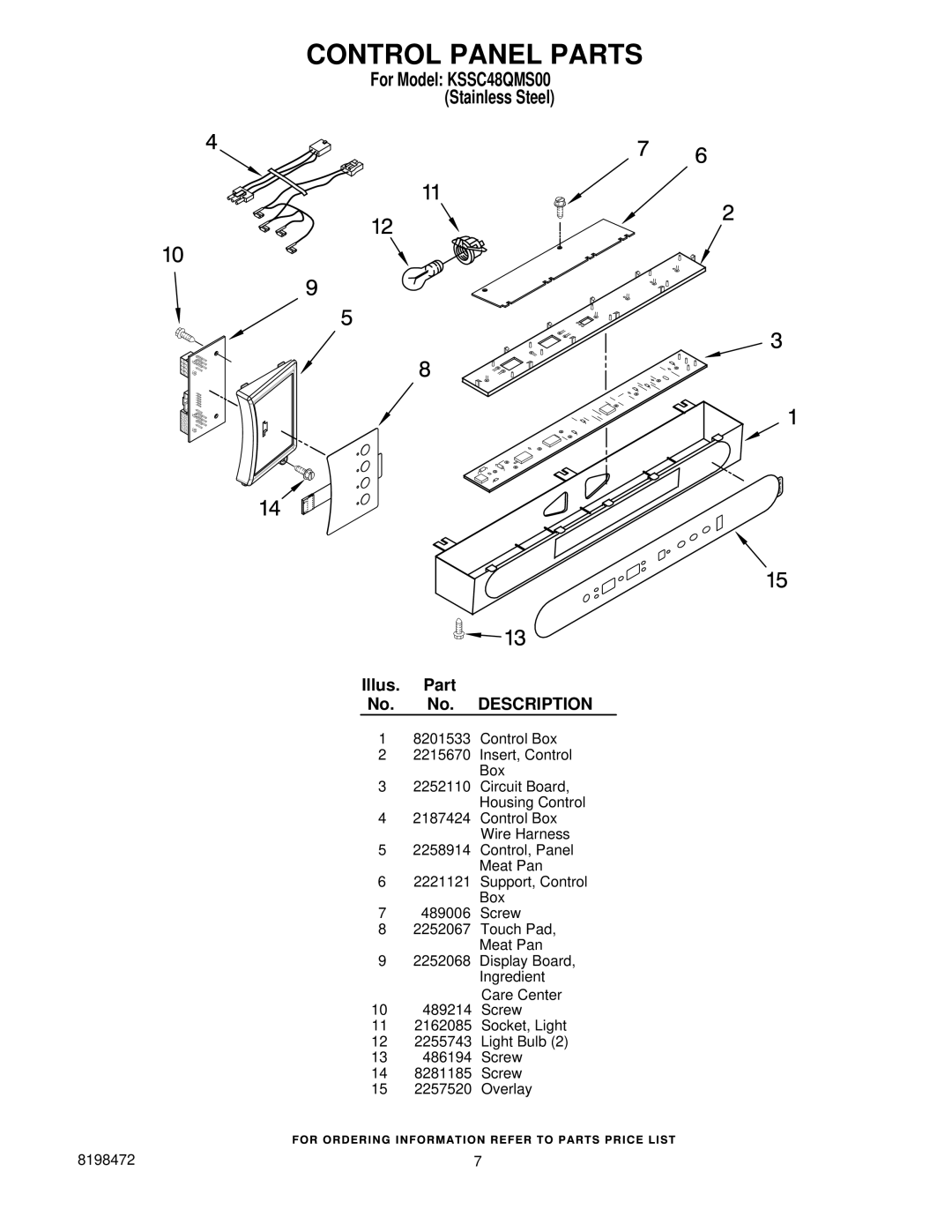 KitchenAid KSSC48QMS00 manual Control Panel Parts 