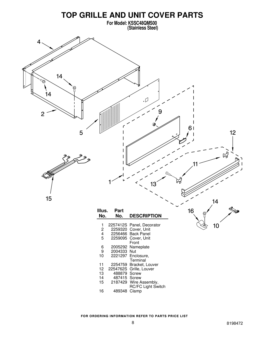 KitchenAid KSSC48QMS00 manual TOP Grille and Unit Cover Parts 