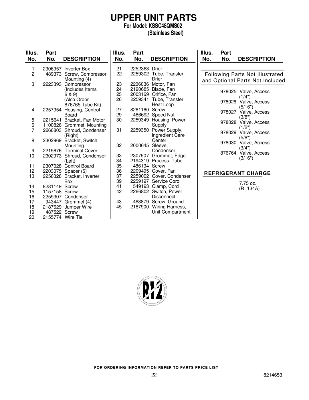 KitchenAid kssc48qms02 manual Upper Unit Parts 