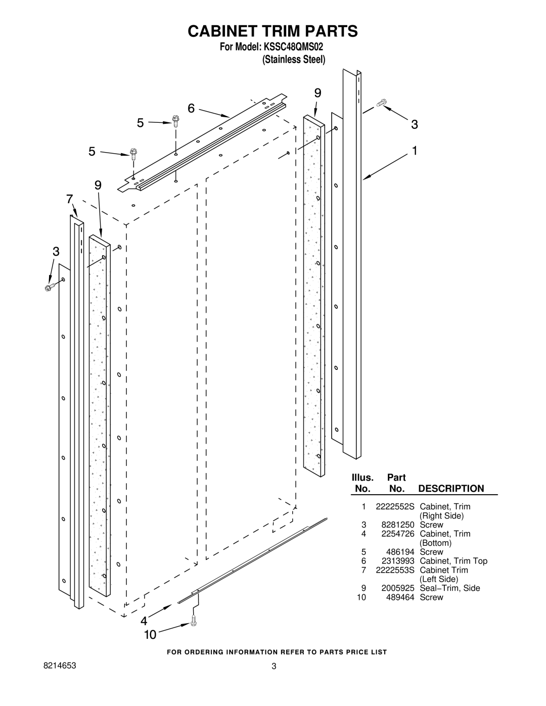 KitchenAid kssc48qms02 manual Cabinet Trim Parts, For Model KSSC48QMS02 Stainless Steel 