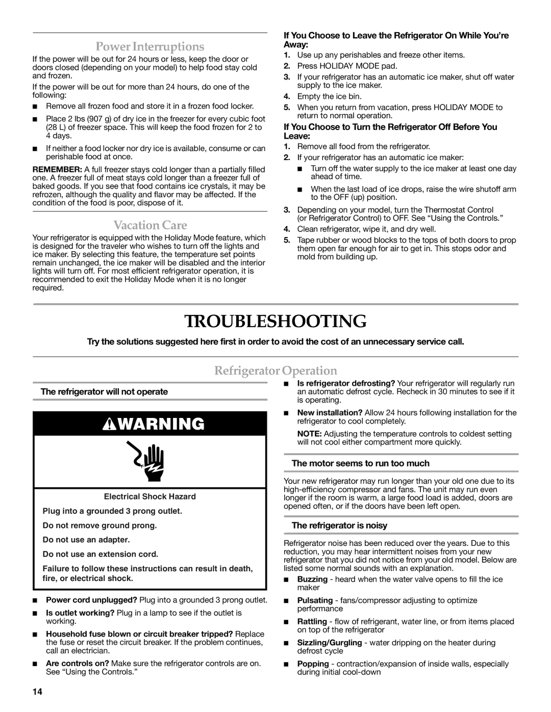 KitchenAid KSSC48QVS, W10303989A manual Troubleshooting, Power Interruptions, Vacation Care, Refrigerator Operation 