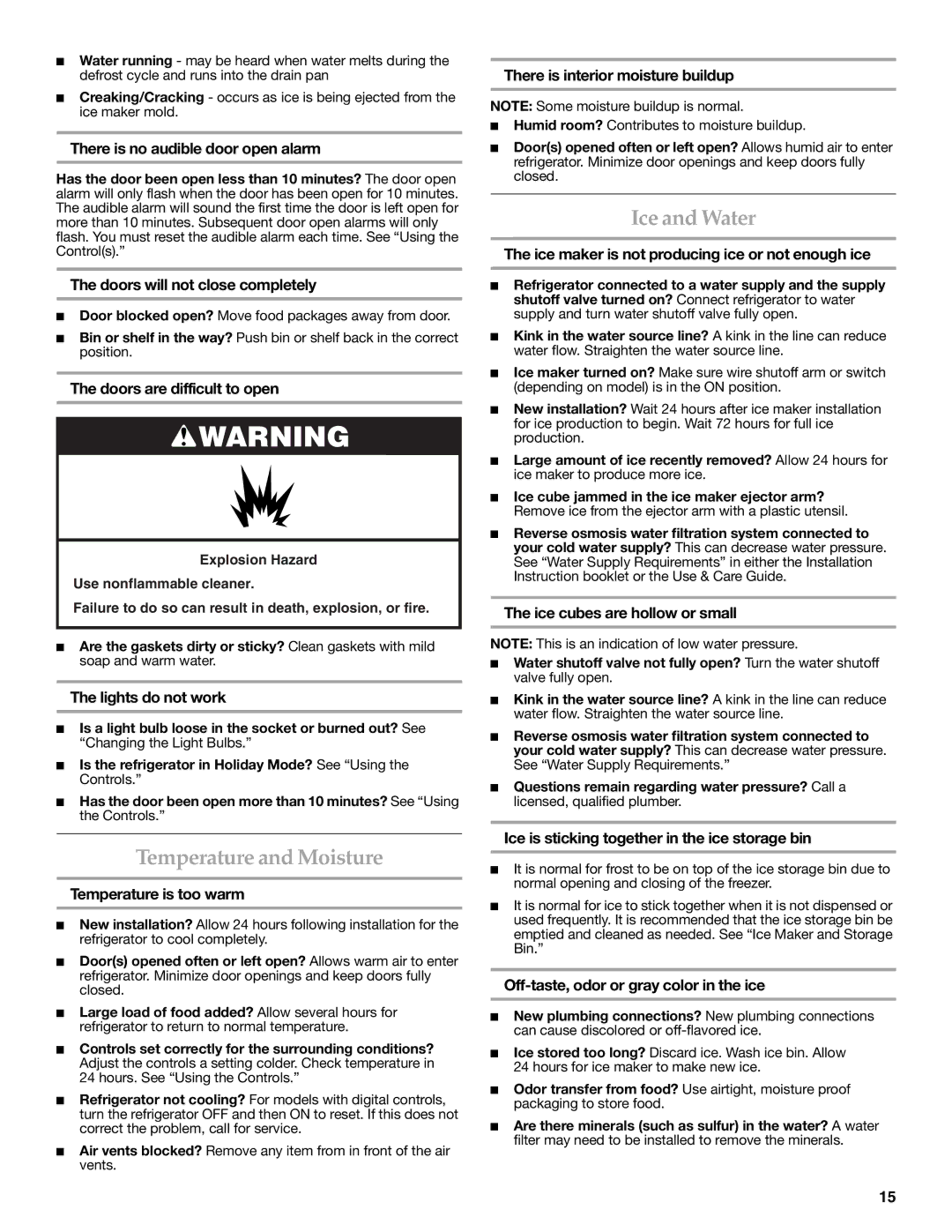 KitchenAid W10303989A, KSSC48QVS manual Temperature and Moisture, Ice and Water 