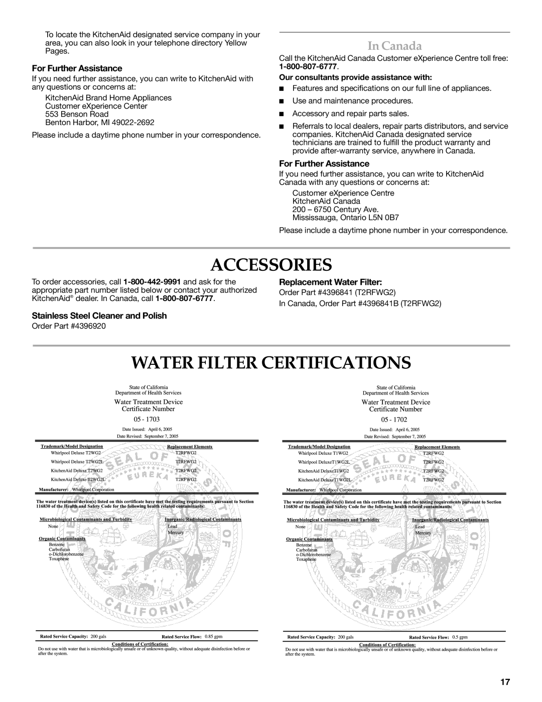 KitchenAid W10303989A, KSSC48QVS manual Accessories, Water Filter Certifications, Canada 