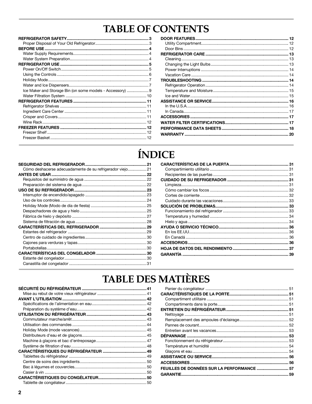 KitchenAid KSSC48QVS, W10303989A manual Table of Contents, Índice, Table DES Matières 