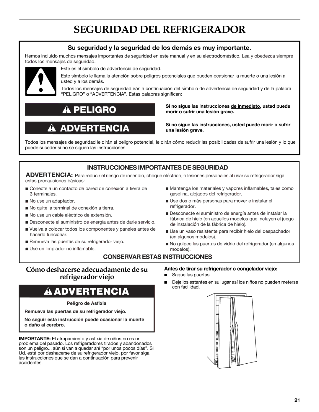 KitchenAid W10303989A, KSSC48QVS manual Seguridad DEL Refrigerador, Antes de tirar su refrigerador o congelador viejo 