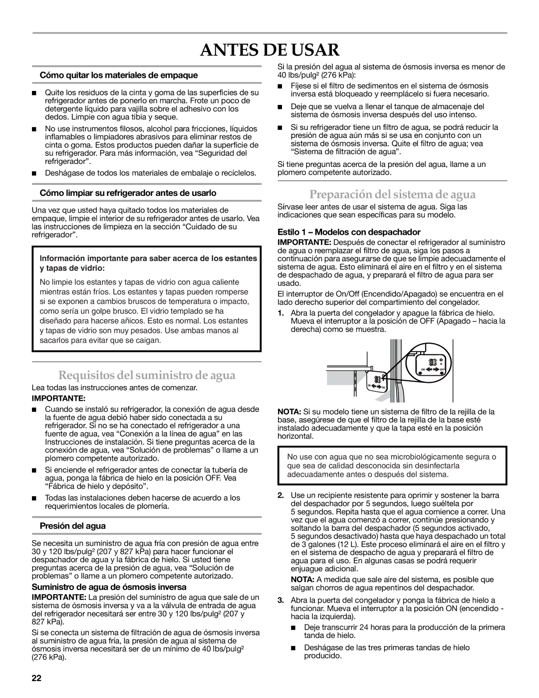 KitchenAid KSSC48QVS, W10303989A manual Antes DE Usar, Requisitos del suministro de agua, Preparación del sistema de agua 