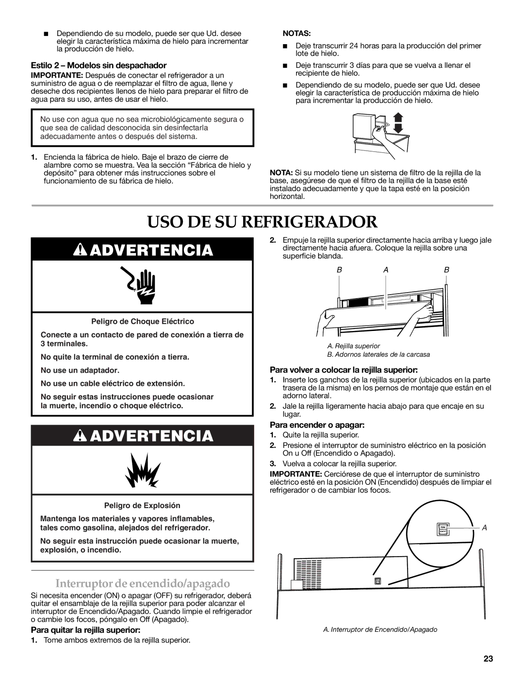 KitchenAid W10303989A, KSSC48QVS manual USO DE SU Refrigerador, Interruptor de encendido/apagado 