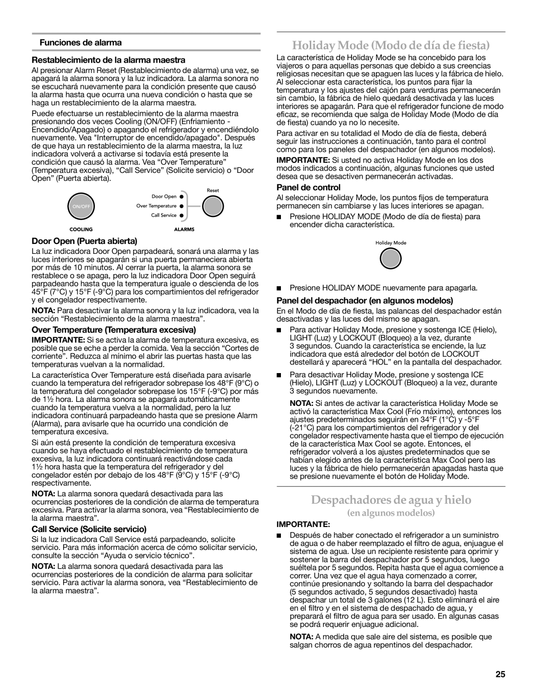 KitchenAid W10303989A, KSSC48QVS manual Holiday Mode Modo de día de fiesta, Despachadores de agua y hielo 