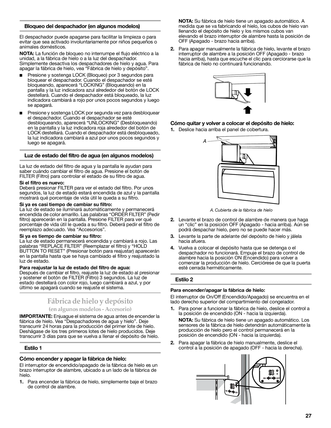 KitchenAid W10303989A, KSSC48QVS manual Fábrica de hielo y depósito 