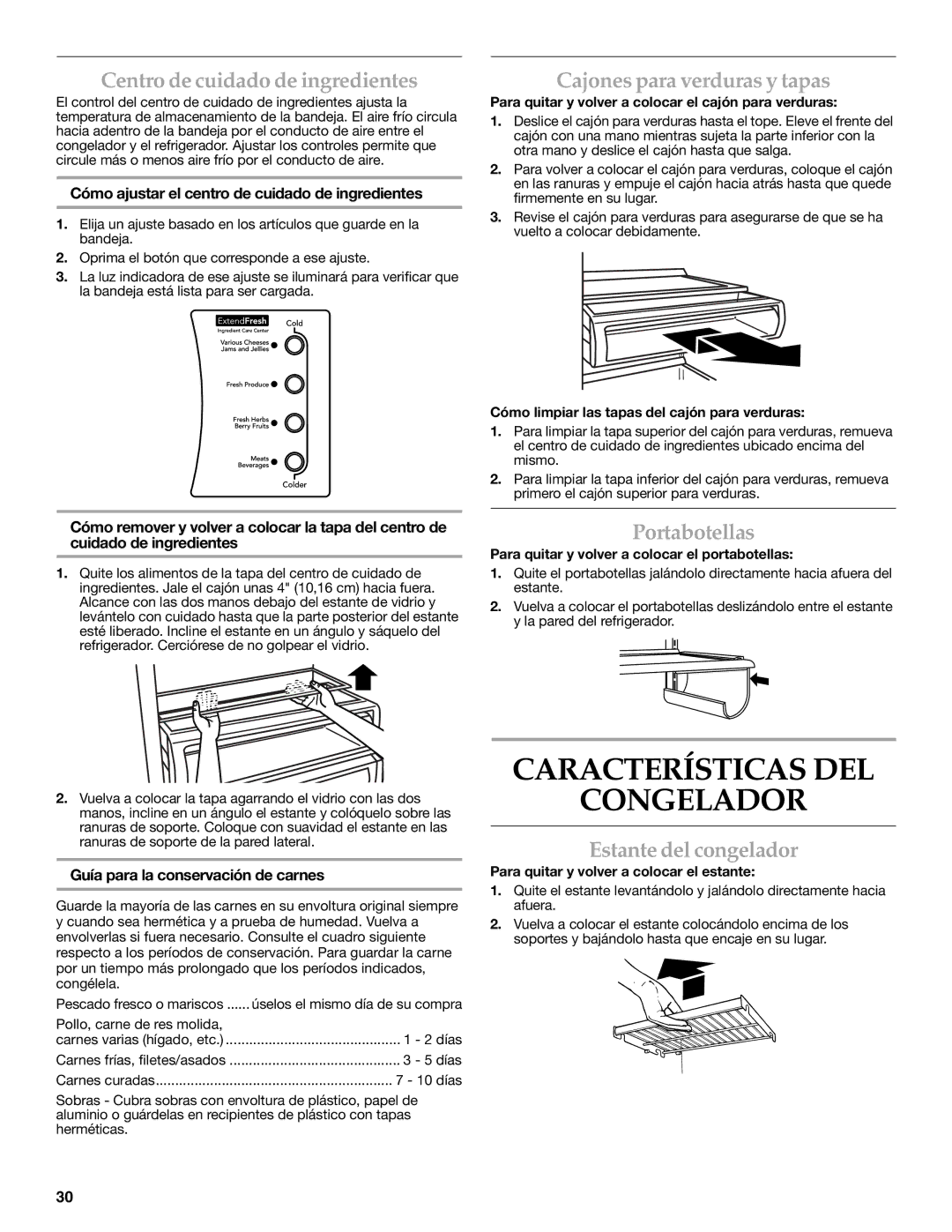 KitchenAid KSSC48QVS Características DEL Congelador, Centro de cuidado de ingredientes, Cajones para verduras y tapas 