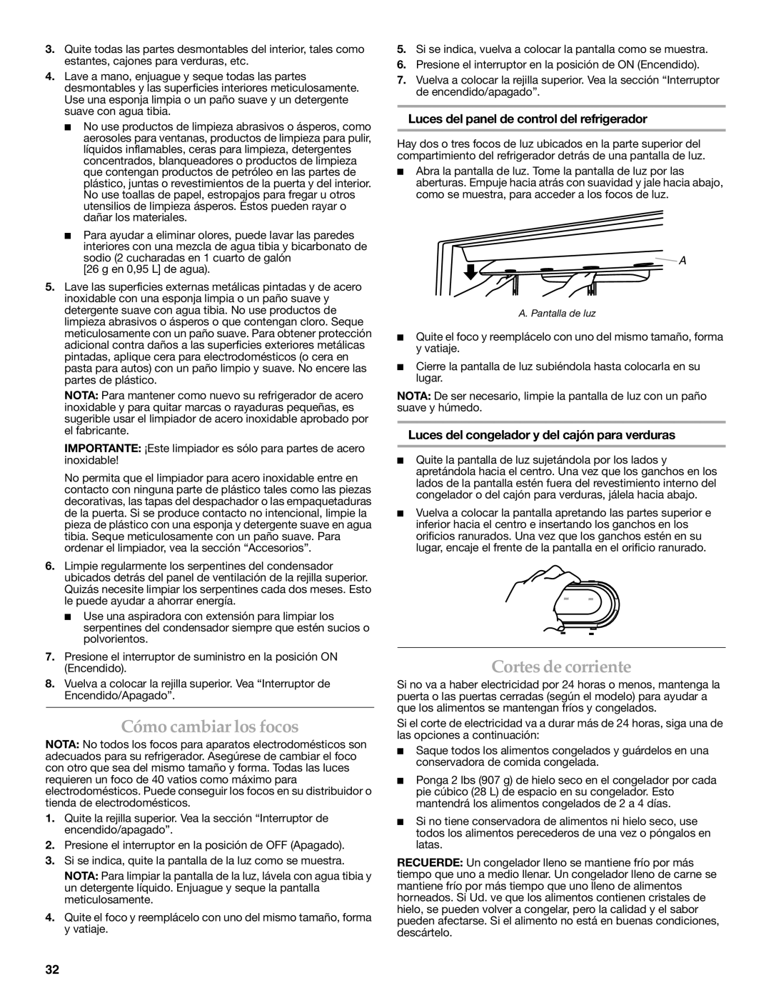 KitchenAid KSSC48QVS, W10303989A Cómo cambiar los focos, Cortes de corriente, Luces del panel de control del refrigerador 