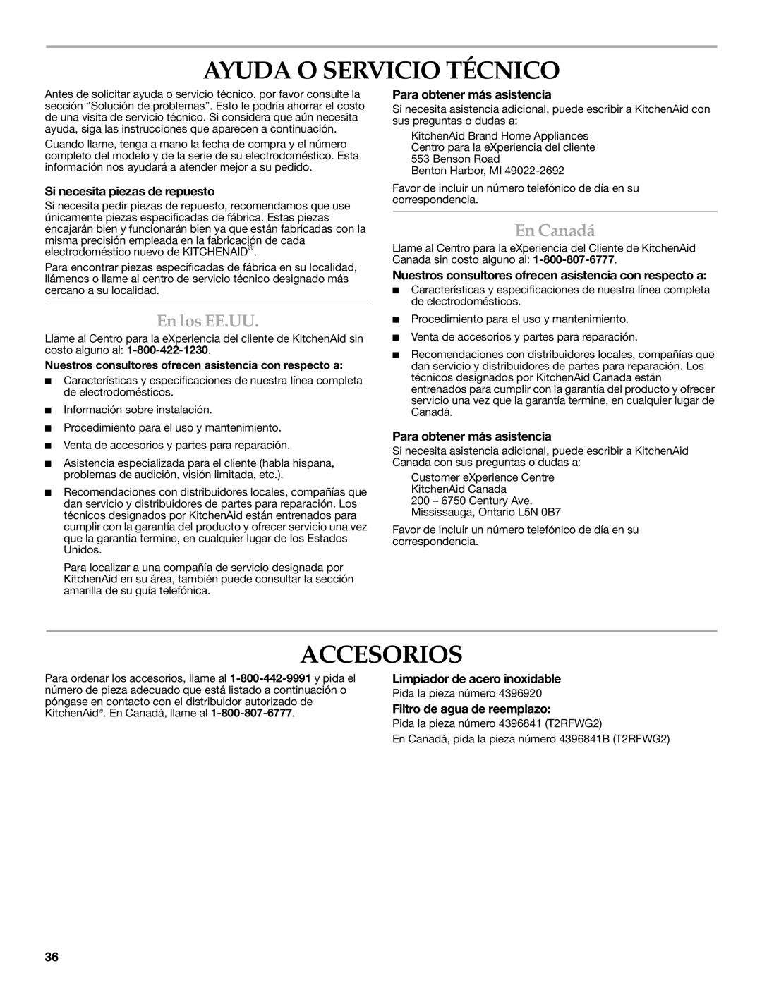 KitchenAid KSSC48QVS, W10303989A manual Ayuda O Servicio Técnico, Accesorios, En los EE.UU, En Canadá 