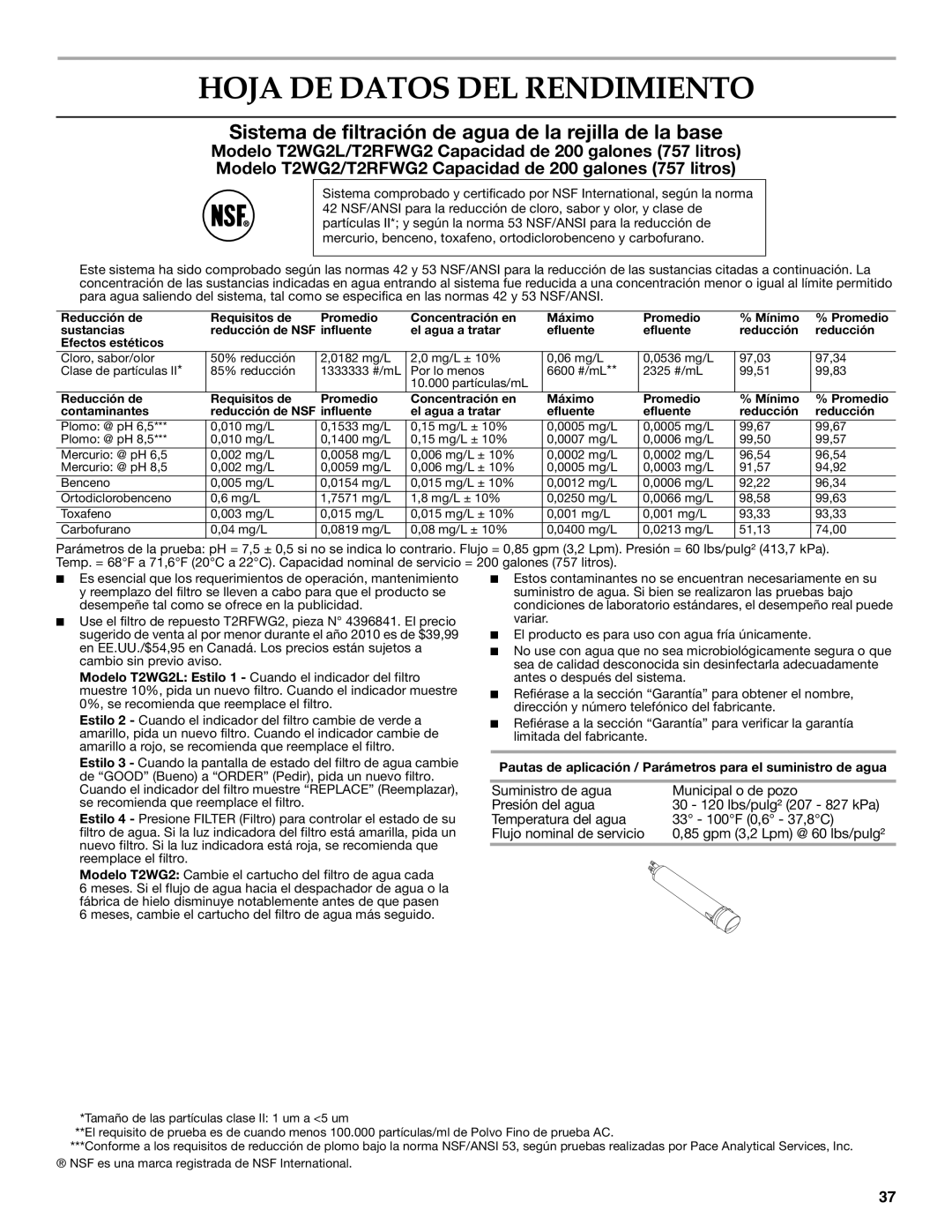 KitchenAid W10303989A, KSSC48QVS Hoja DE Datos DEL Rendimiento, Sistema de filtración de agua de la rejilla de la base 