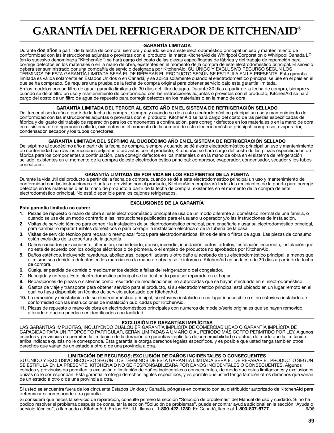 KitchenAid W10303989A, KSSC48QVS manual Garantía DEL Refrigerador DE Kitchenaid, Garantía Limitada 