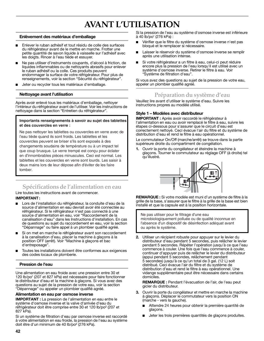 KitchenAid KSSC48QVS manual Avant L’UTILISATION, Spécifications de l’alimentation en eau, Préparation du système d’eau 