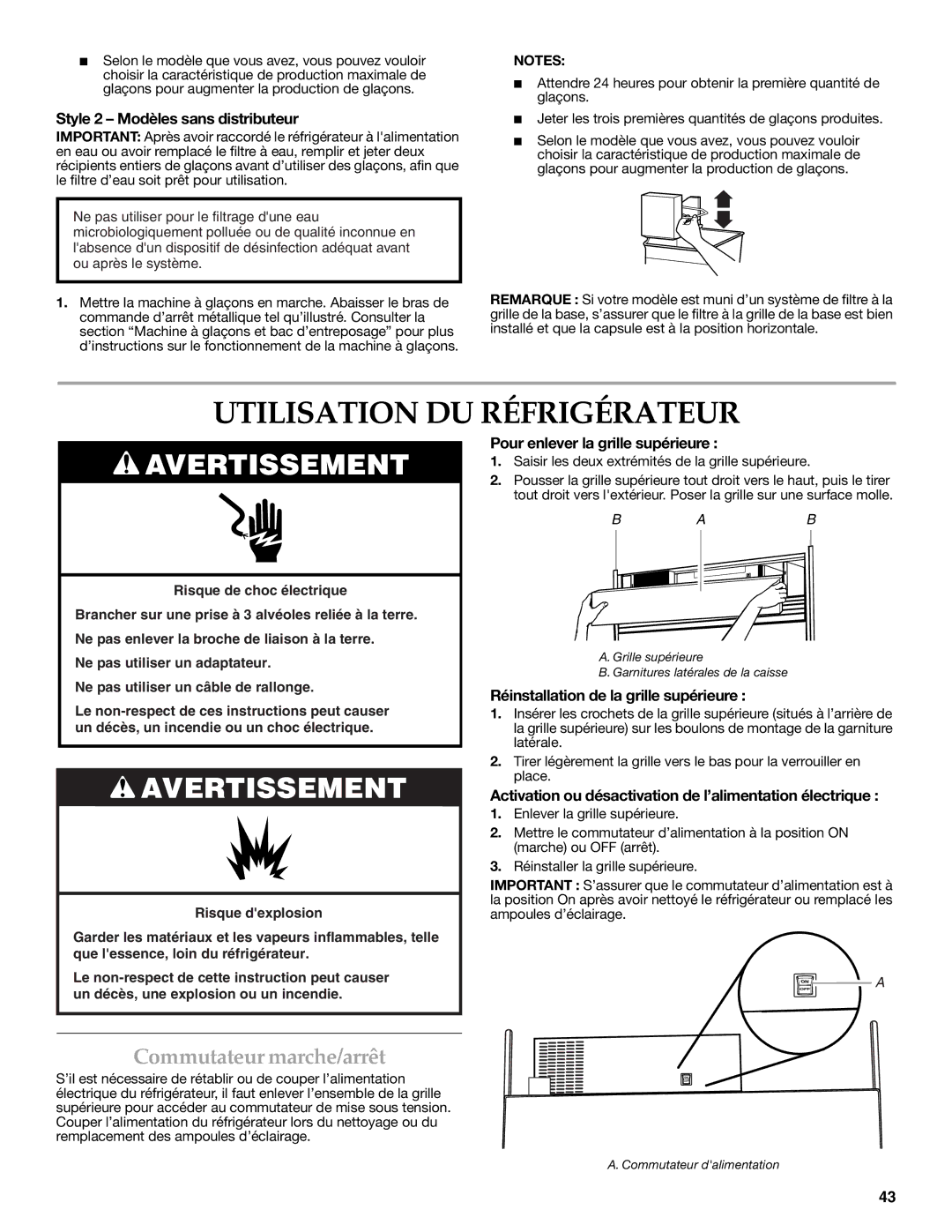 KitchenAid W10303989A, KSSC48QVS manual Utilisation DU Réfrigérateur, Commutateur marche/arrêt 