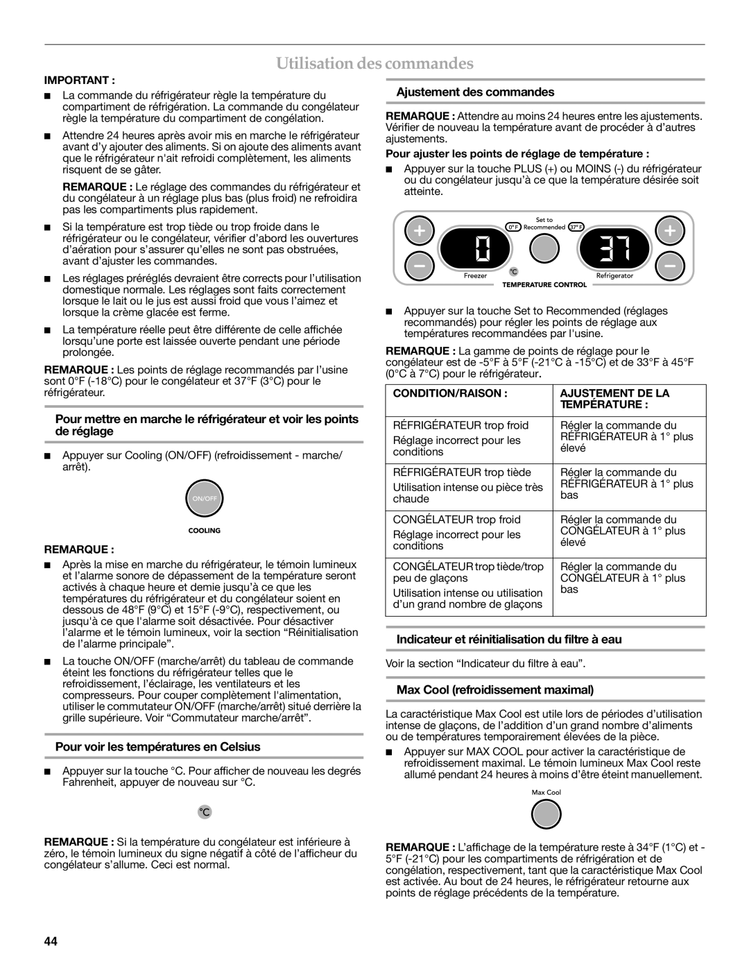 KitchenAid KSSC48QVS manual Utilisation des commandes, Pour voir les températures en Celsius, Ajustement des commandes 