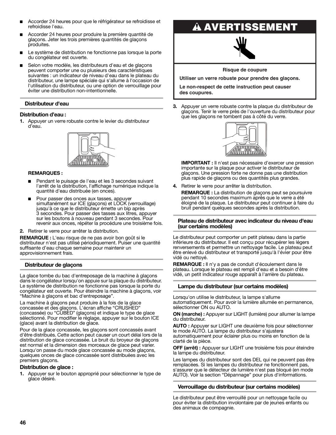 KitchenAid KSSC48QVS, W10303989A manual Distributeur deau Distribution d’eau, Distributeur de glaçons, Distribution de glace 