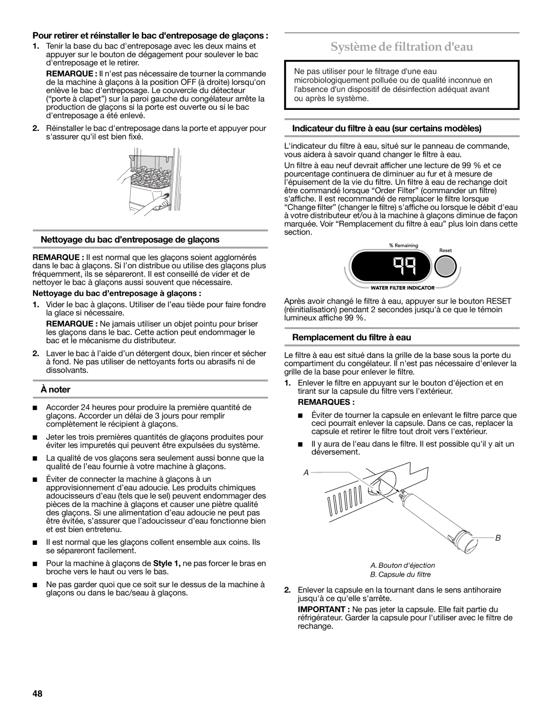 KitchenAid KSSC48QVS Système de filtration deau, Nettoyage du bac d’entreposage de glaçons, Remplacement du filtre à eau 