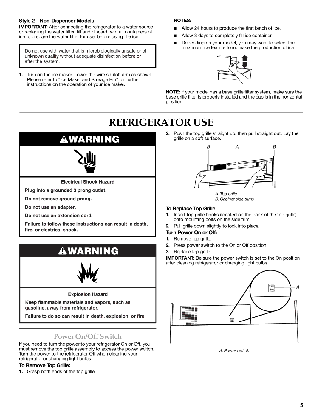 KitchenAid W10303989A, KSSC48QVS manual Refrigerator USE, Power On/Off Switch 