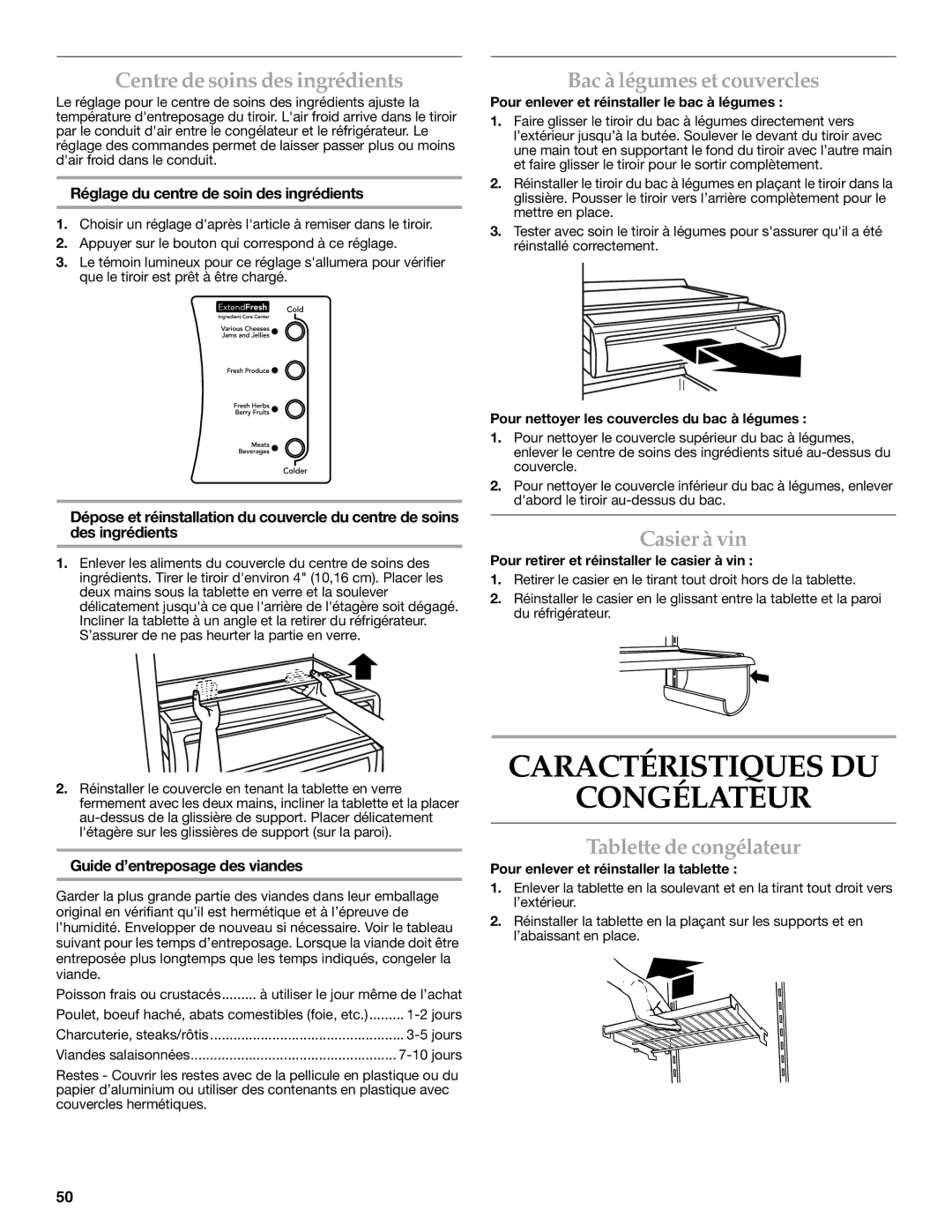 KitchenAid KSSC48QVS manual Caractéristiques DU Congélateur, Centre de soins des ingrédients, Bac à légumes et couvercles 