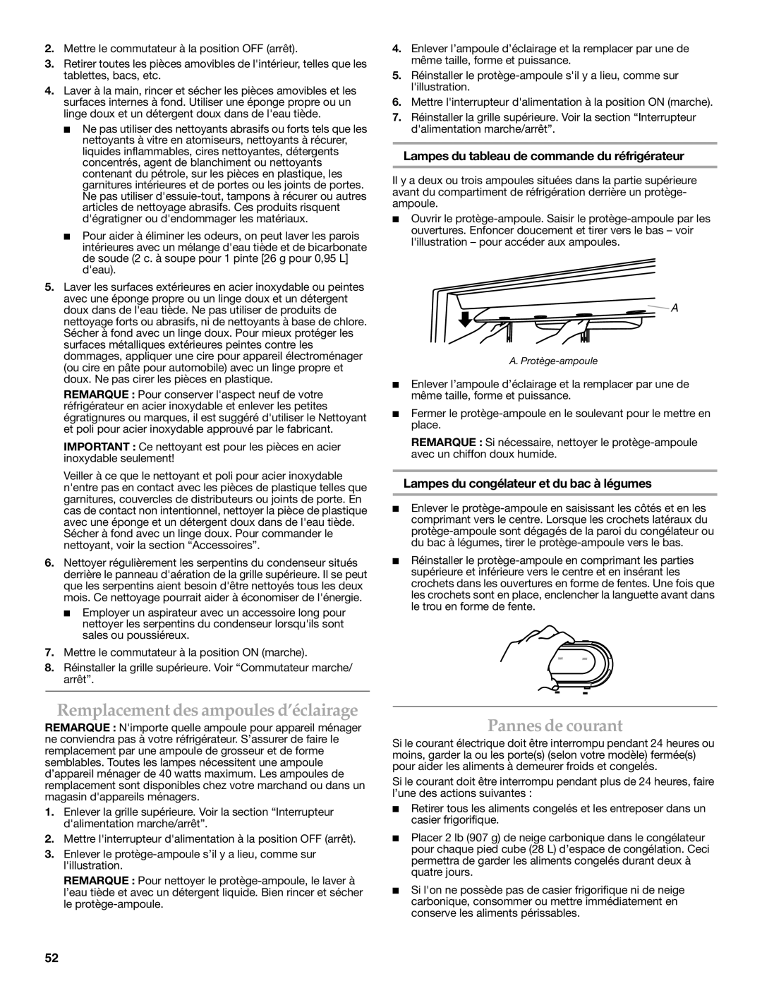 KitchenAid KSSC48QVS Remplacement des ampoules d’éclairage, Pannes de courant, Lampes du congélateur et du bac à légumes 