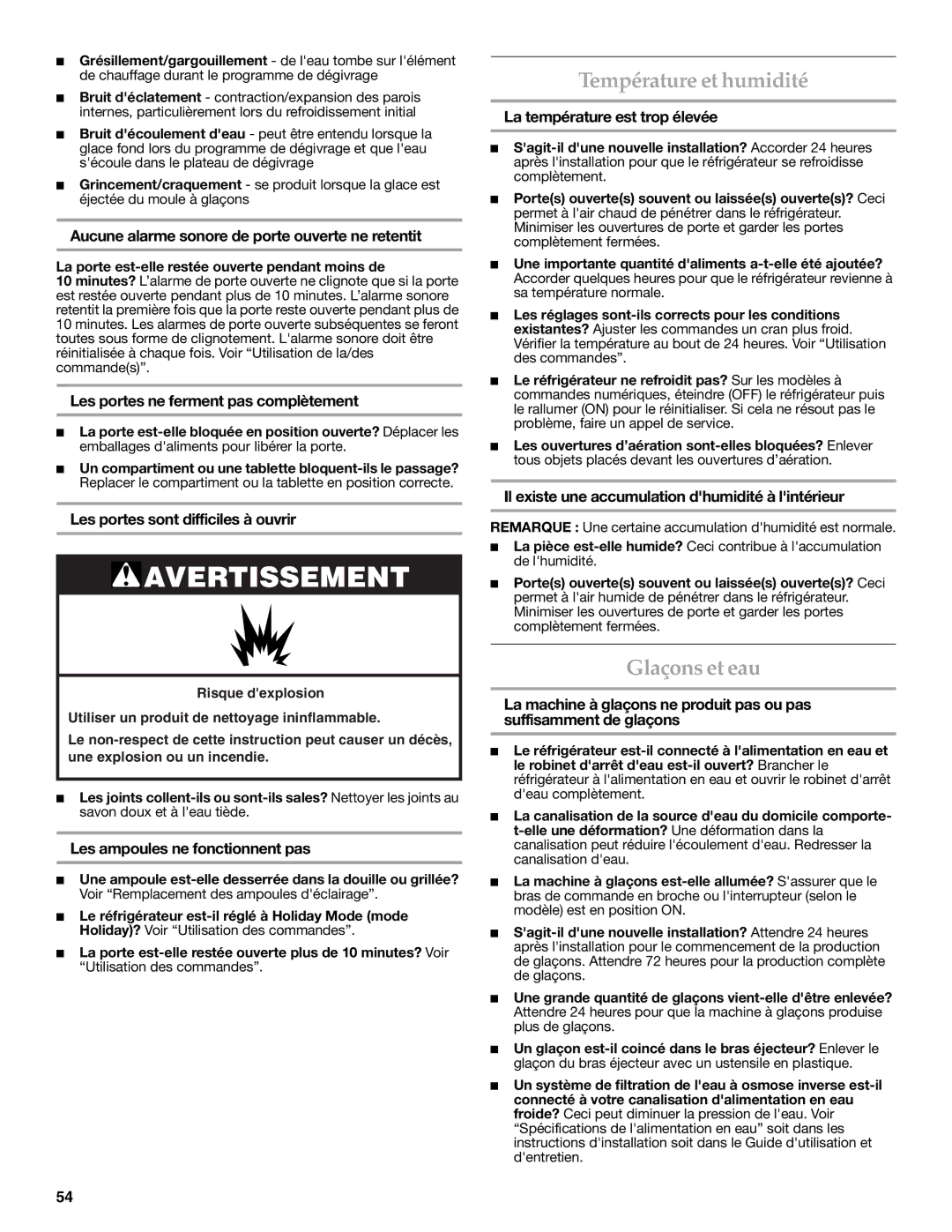 KitchenAid KSSC48QVS, W10303989A manual Température et humidité, Glaçons et eau 