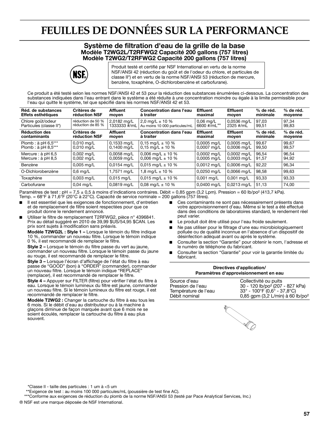 KitchenAid W10303989A manual Feuilles DE Données SUR LA Performance, Système de filtration deau de la grille de la base 