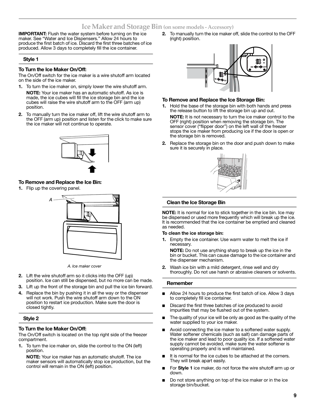 KitchenAid W10303989A, KSSC48QVS Style To Turn the Ice Maker On/Off, To Remove and Replace the Ice Storage Bin, Remember 