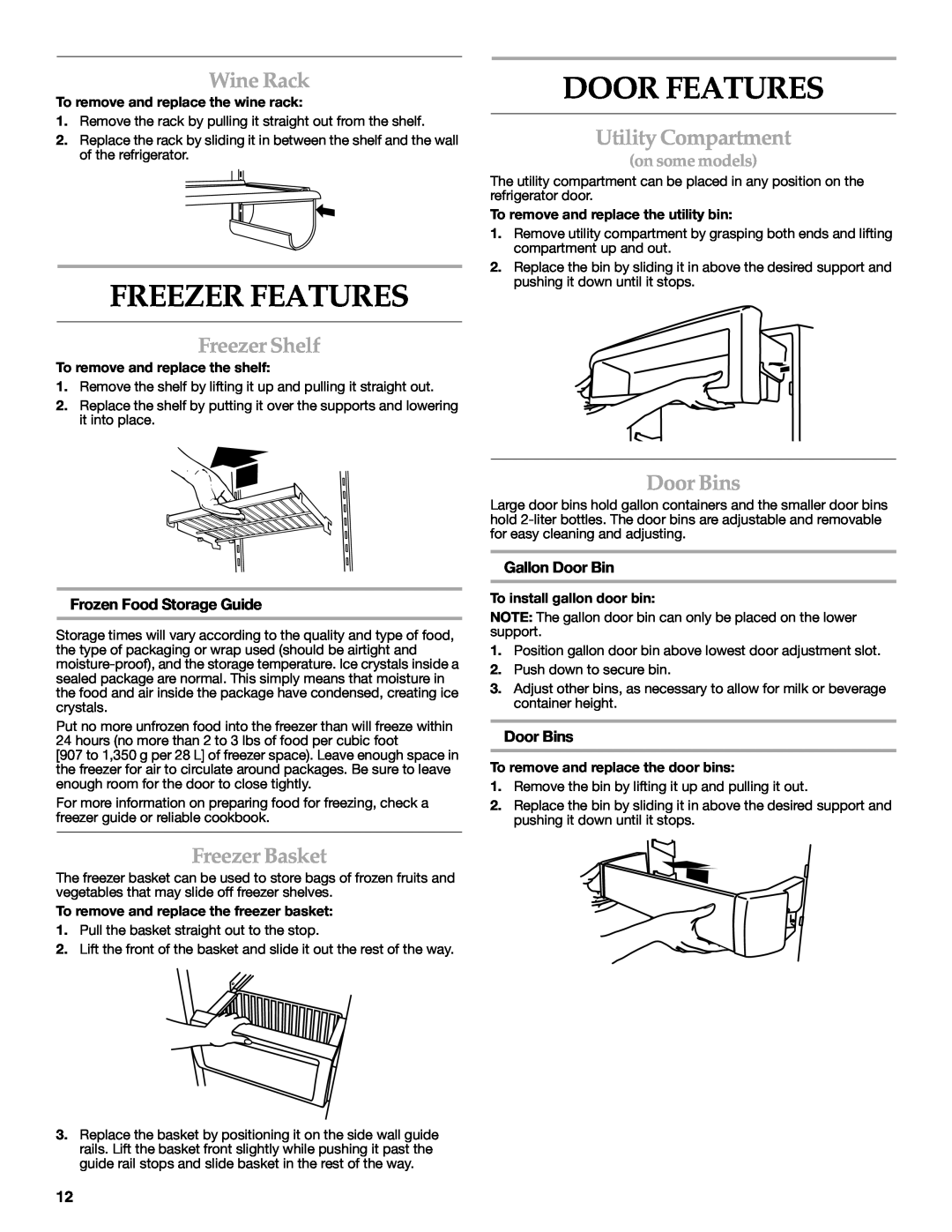 KitchenAid KSSC48QVS manual Freezer Features, Door Features, Wine Rack, Freezer Shelf, Utility Compartment, Freezer Basket 